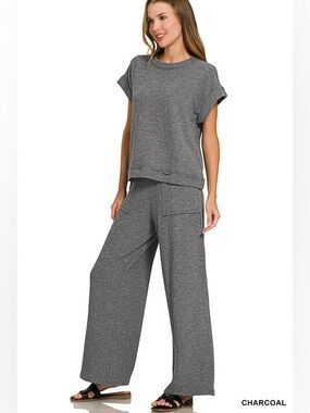 Zenana COTTON SLUB SHORT SLEEVE TEE & LONG PANTS SET